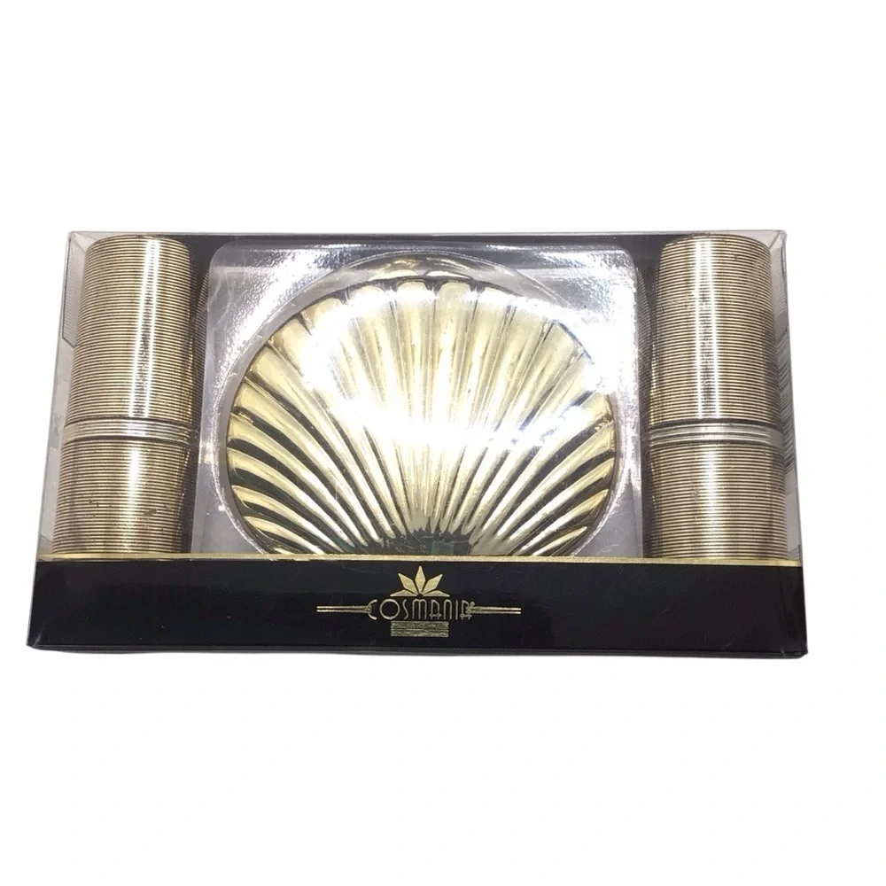 Cosmania Vintage 3pc Glam Golden Ensemble Lipstick & Shell Compact Set
